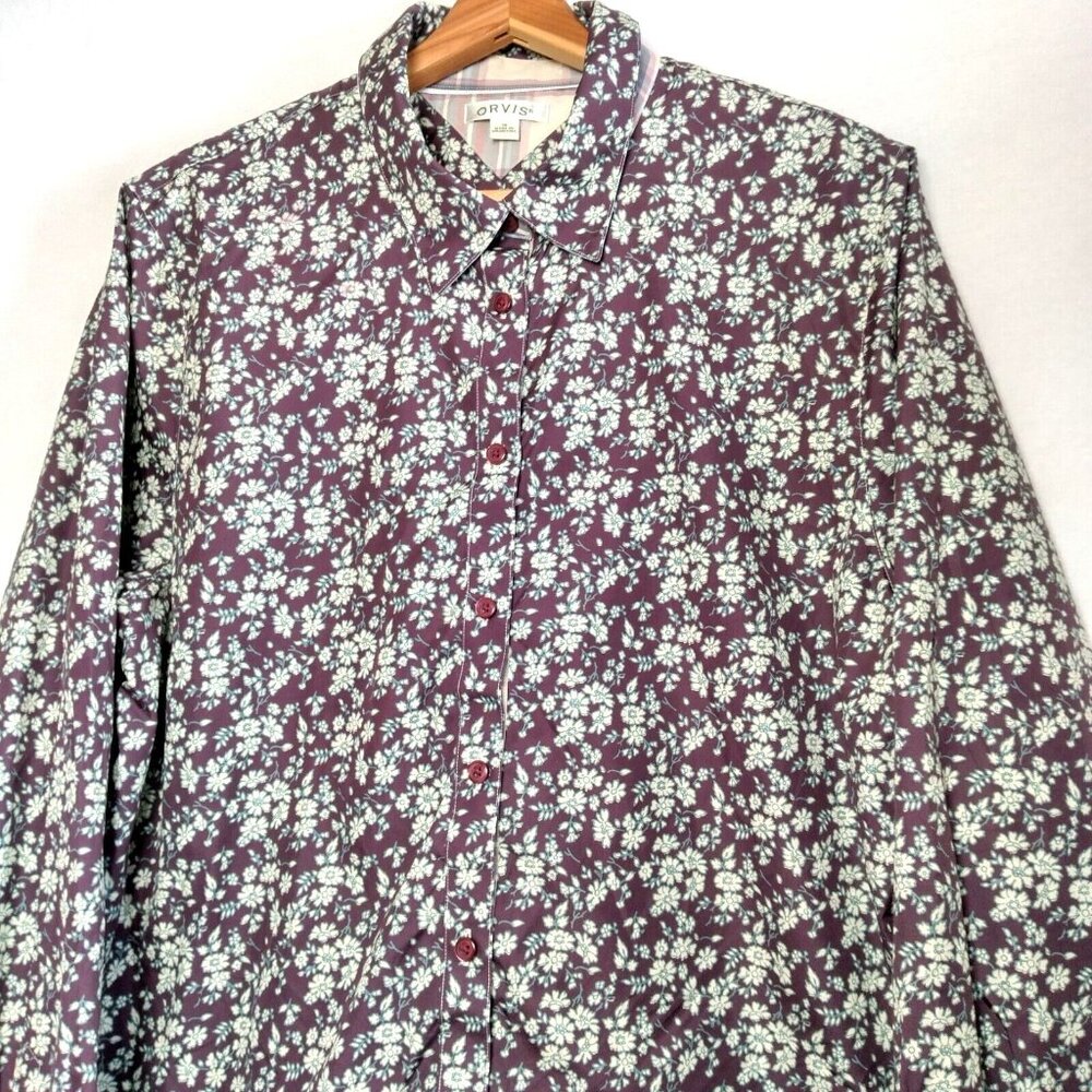 Orvis Blouse Shirt Women Plus Size 20 Purple Floral Long Sleeve Cotton Collar